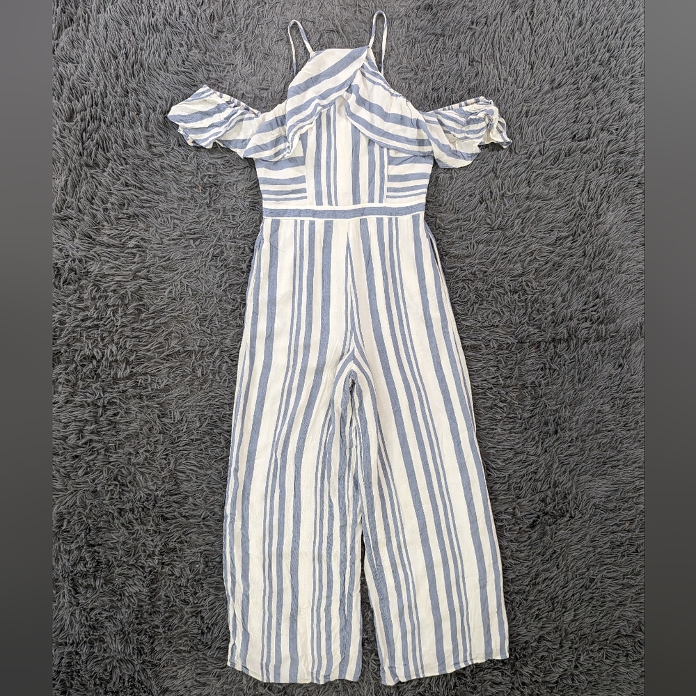 American Eagle Jumpsuit Women's 4 Ivory Blue Stripes Wide Leg Cold Shoulder